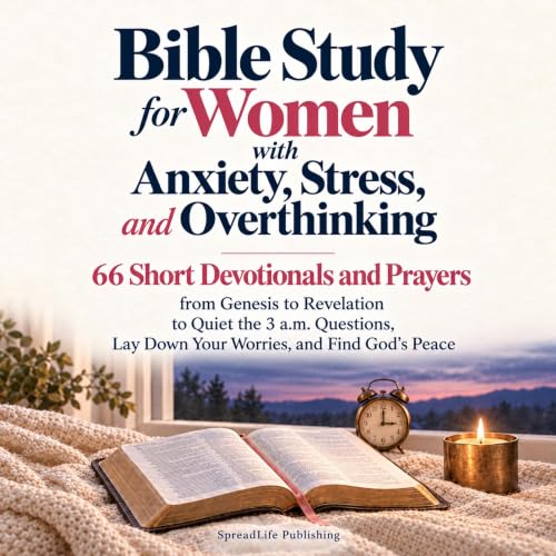 Cover of Bible Study for Women with Anxiety, Stress, and Overthinking: 66 Short Devotionals and Prayers from Genesis to Revelation to Quiet the 3 a.m. Questions, Lay Down Your Worries, and Find God's Peace